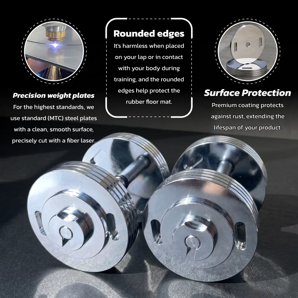 Precision weight plates For the highest standards, we use standard (MTC) steel plates with a clean, smooth surface, precisely cut with a fiber laser. Rounded edges It's harmless when placed on your lap or in contact with your body during training, and the rounded edges help protect the rubber floor mat. Surface Protection Premium coating protects against rust, extending the lifespan of your product.